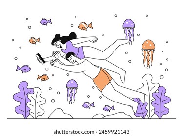 Selfie underwater simple. Man and woman in swimsuits diving underwater near meduses. Couple with smartphone swimming in sea or ocean. Doodle flat vector illustration isolated on white background