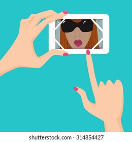 Selfie vector illustration. Young woman hands with pink nails is holding white smartphone and taking selfie.