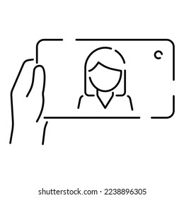 Selfie vector line icon. Take a selfie photo. cell phone front camera and selfie stick. Smartphone device symbol illustration