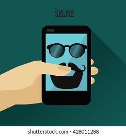 Selfie vector. Selfie poster with man holding smartphone with picture of sunglasses and mustaches.  
