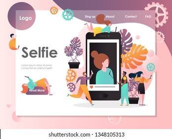 Selfie vector website template, web page and landing page design for website and mobile site development. Self-portrait, social network, selfie phone accessories.