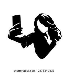 Selfie, woman takes photo with phone, isolated vector silhouette. Clip art