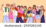 Selfies group people. Hand holding mobile phone, photo of youth. Funny young on phone. Happy meeting of friends on smartphone screen. Cartoon flat isolated contemporary illustration. Vector picture