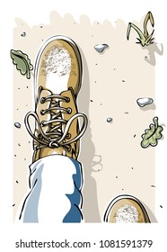 Selfies with mens legs in blue jeans and brown shoes for hiking that go along the ground with fallen leaves and stones. Colorful illustration for travel, lifestyle, vacation