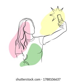 Selfies Sketch one black line. Beautiful woman, cute girl takes a selfie, photographs herself, holds a smartphone, vector illustration isolated on white background for online history, social media.