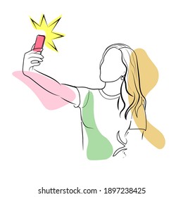 Selfies Sketch one black line. Beautiful woman, cute girl takes a selfie, photographs herself, holds a smartphone, vector illustration isolated on white background for online history, social media.