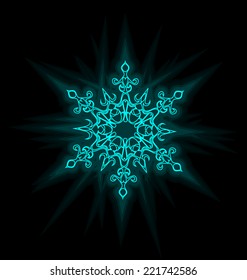 Self-illuminated blue snowflake isolated on black background