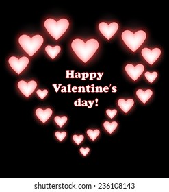 Self-illuminated pink hearts like frame on black background