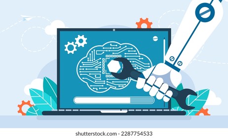 Self-improvement of artificial intelligence. The robot repairs itself. The robot holds in a hand a wrench and repairs the circuit on the laptop screen. Future technical concept. Vector illustration
