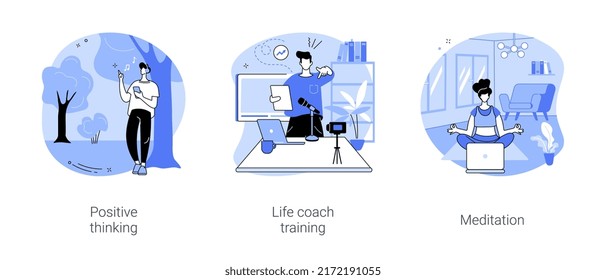 Self-improvement coaching isolated cartoon vector illustrations set. Practice positive thinking, happy relaxed person, life coach training, motivational video, online meditation vector cartoon.