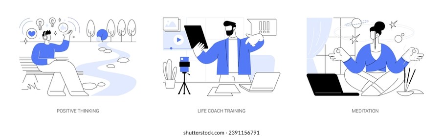 Self-improvement coaching isolated cartoon vector illustrations set. Practice positive thinking, happy relaxed person, life coach training, motivational video, online meditation vector cartoon.