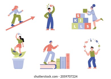 Self-improvement concept metaphors set with various cartoon characters working on their skills and want to achieve successful professional or personal growth in flat vector illustration isolated.