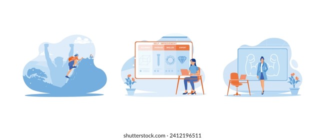 Self-improvement concept. Rock climbing with enthusiasm. Online self-improvement test. Students are confident in front of the board. set flat vector modern illustration 