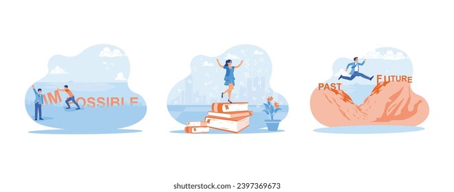 Self-improvement concept. I am turning the impossible into possible and standing on a pile of books. Jump from the past to the future. set trend modern vector flat illustration