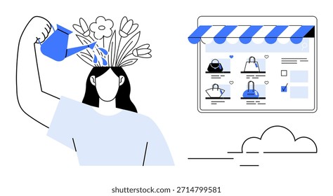 Autoaperfeiçoamento, comércio eletrônico, desenvolvimento pessoal, bem-estar mental, compras online, criatividade. Uma pessoa cultivando flores com um regador pode ao lado de um ícone de página da Web de e-commerce. Autoaperfeiçoamento