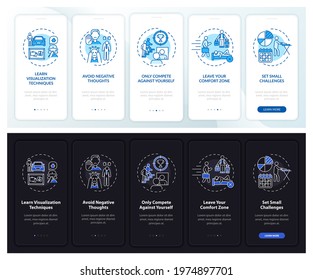 Self-improvement onboarding mobile app page screen with concepts. Personal challenge walkthrough 5 steps graphic instructions. UI, UX, GUI vector template with linear night and day mode illustrations