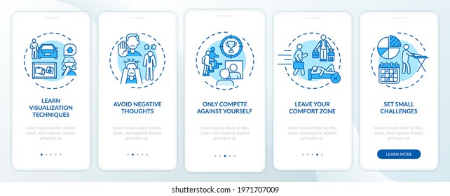 Self-improvement tools blue onboarding mobile app page screen with concepts. Personal challenge walkthrough 5 steps graphic instructions. UI, UX, GUI vector template with linear color illustrations