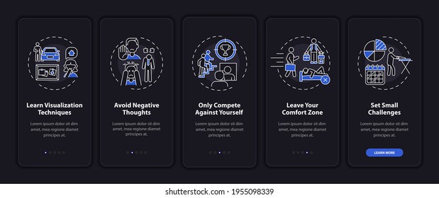 Self-improvement tools onboarding mobile app page screen with concepts. Personal challenge walkthrough 5 steps graphic instructions. UI, UX, GUI vector template with linear night mode illustrations