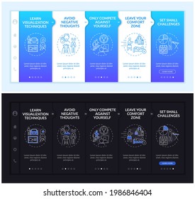 Self-improvement tools onboarding vector template. Responsive mobile website with icons. Web page walkthrough 5 step screens. Skills development dark, light mode concept with linear illustrations