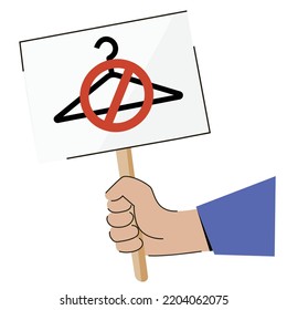 Self-induced abortion - hanger symbol crossed out. in the hands of the girl is  poster banner against the ban on abortion. Vector illustration isolated on white.