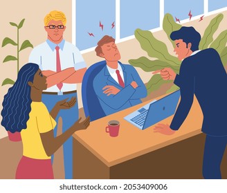 Selfish colleagues argue with each other. Toxic employees in conflict and cannot come to compromise. Unhealthy relationships in office. Cartoon flat vector illustration isolated on colorful background