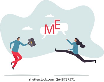 Egoísta e ego fazem as pessoas argumentarem por seu direito, excesso de confiança ou narcisismo lutando ou conflito, ganância ou mimado .personagem para o design.