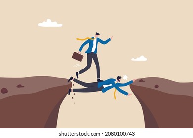 Selfish Employee Take Advantage Of Other People, Supporting Boss Help Other To Achieve Career Success Concept, Strong Business Manager Use Himself As Human Bridge For Other To Get Pass The Cliff.