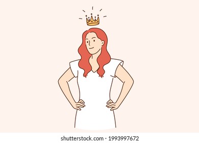 Selfish girl and society concept. Arrogant young woman cartoon character standing with crown above head feeling confident vector illustration 