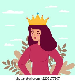 Selfish girl and society concept. Arrogant young woman cartoon character standing with crown above head feeling confident vector illustration