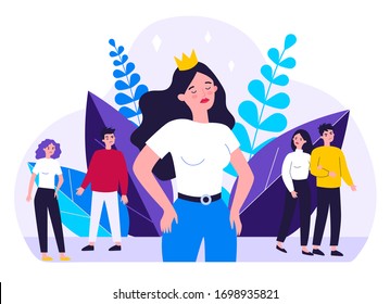 Selfish Girl And Society Flat Vector Illustration. Arrogant Young Woman Not Seeing Angry People. Social Problem And Communication Concept.