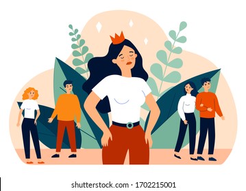 Selfish Girl And Society Flat Vector Illustration. Arrogant Young Woman Not Seeing Angry People. Social Problem And Communication Concept.