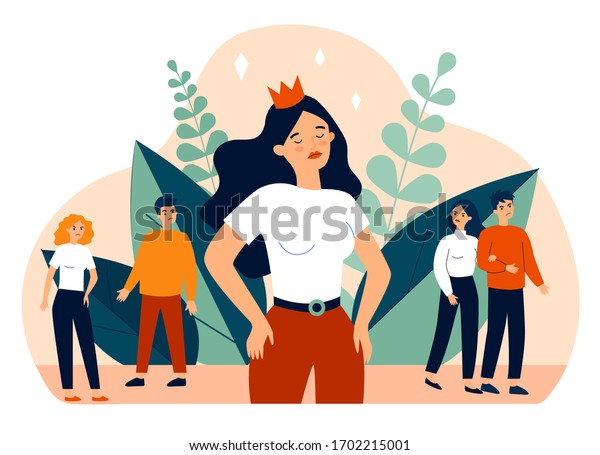 Selfish girl and society flat vector\
illustration. Arrogant young woman not seeing angry people. Social\
problem and communication\
concept.