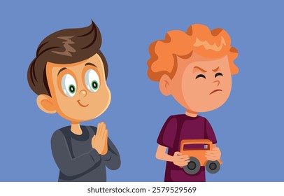 
Selfish Kid Does Not  Share Toy Vector Cartoon Illustration. Mean child possessive with toys not sociable with friends