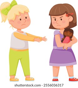 Selfish little girl is refusing to share her doll with her sad friend, showcasing a typical childhood conflict related to sharing and possession