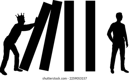Selfish man with a crown on his head makes a domino effect in relation to the other man. Vector Silhouette. Concept of selfishness in society