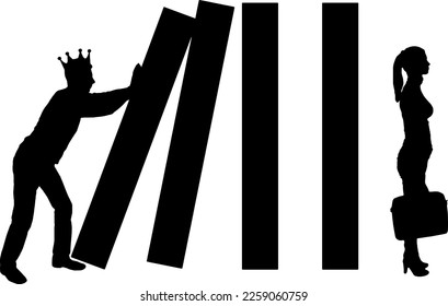 Selfish man with a crown on his head makes a domino effect in relation to the woman. Vector Silhouette. The concept of selfishness and betrayal