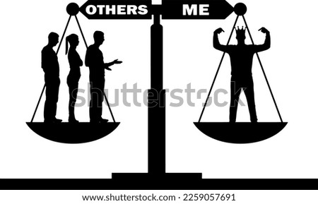 Selfish man Vector silhouette with a crown and a crowd on the scales of justice. Conceptual scene narcissist and selfish man