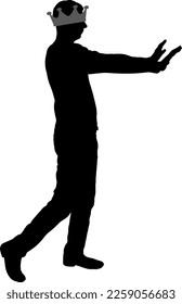 Ein egoistischer Mann geht, er ist blind, seine Krone schließt die Augen, um zu sehen. Konzept egoistische Person. Vektorsilhouette