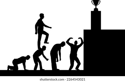 A selfish person walks over the heads of people, as if on steps to his goal. Conceptual Business scene of a narcissistic and selfish businessman. Vector Silhouette