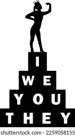 A selfish woman with a crown considers herself to be better and more important than everyone else. Vector silhouette. Conceptual scene of a narcissistic and selfish woman