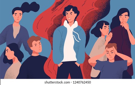 Selfish young man rejected by society because of his annoying behavior. Concept of psychological problem, communication with unpleasant molesting person. Colored vector illustration in flat style.