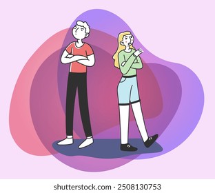 Hombre y mujer jóvenes egoístas con conducta arrogante y enojada Ilustración vectorial plana. Personajes de pie solitarios en el orgullo. Concepto de problema de sociedad y comunicación.