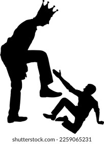 Selfishness. Big man with the crown on his head intends to destroy the little man. Concept of behavior as a selfish tyrant and dictator in business, politics and life. Vector Silhouette