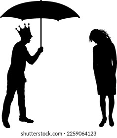 Selfishness and sexism. Selfish man with a crown holding an umbrella laughs at an upset woman in the rain. Concept of hisistic behavior. Vector Silhouette