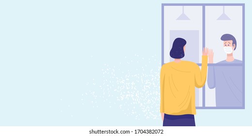 Self-Isolation concept. A man meeting his girlfriend through glass window amid coronavirus pandemic. Vector