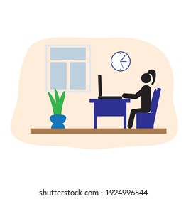 Self-isolation concept. A young girl working at home. Home office, Remote work from home. Modern flat design style.