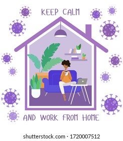 Self-isolation and COVID-19 prevention concept. Woman stays at home and works remotely with a laptop. Safe and relaxed workspace. Cute vector illustration in flat style.