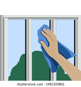 Self-Isolation Days with Home Routine. Window Cleaning and Housekeeping Concept. Vector Illustration