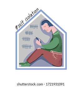 Self-isolation during coronavirus quarantine. A sad man sits inside the house and counts the days.  Depression and loneliness. Vector illustration for psychological support services 