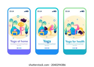 Self-isolation. Girl is alone at home doing yoga, meditating, enjoying life. Mobile App